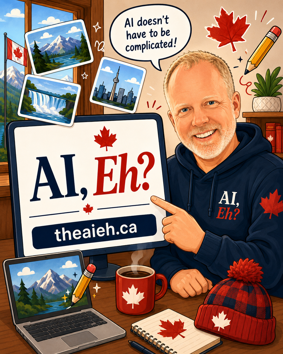 A cartoon version of Chris MacKinnon, founder of AI, Eh?, pointing at a screen showing the AI, Eh? logo and theaieh.ca
